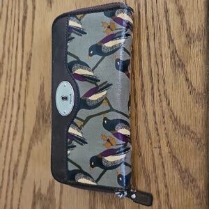 VINTAGE Fossil Key Per Wallet Zip Around Leather Coated Canvas Birds